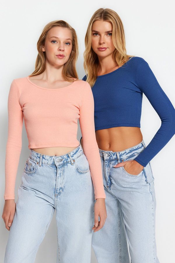 Trendyol Trendyol Indigo-Pink 2 Pack Fitted Wide Collar Ribbed Flexible Crop Knitted Blouse