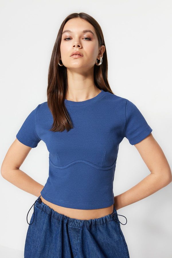 Trendyol Trendyol Indigo Piping Detailed Crew Neck Crop Ribbed Stretchy Knitted Blouse