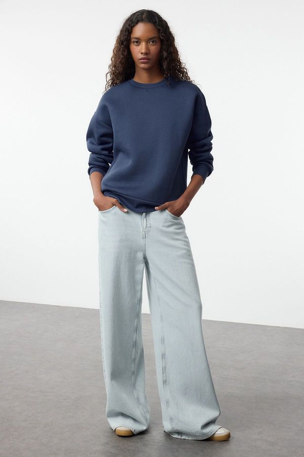 Trendyol Trendyol Indigo Plain Oversize/Relaxed Cut Basic Crew Neck Thick/Polar Inside Knitted Sweatshirt