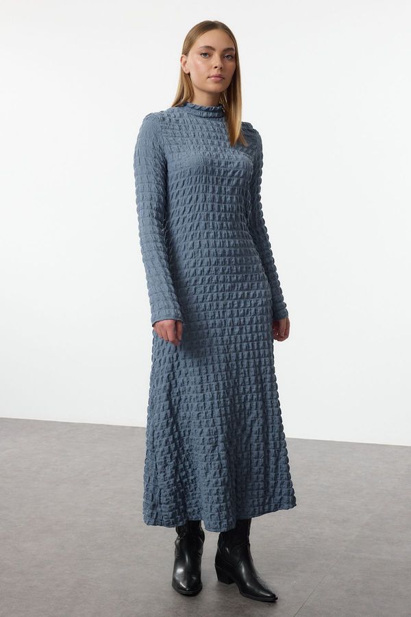 Trendyol Trendyol Indigo Plain Textured Stand Collar A-Line Flexible Maxi Knit Dress