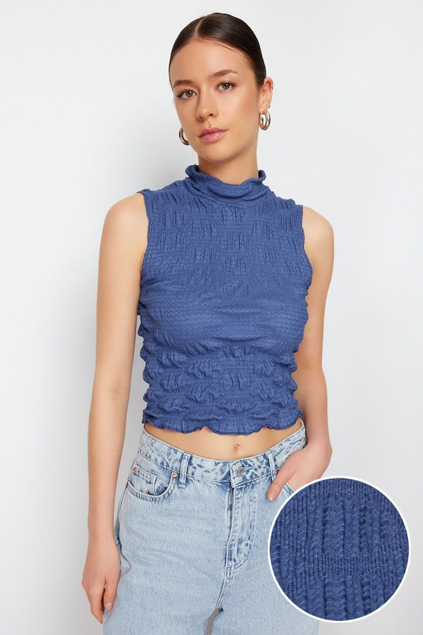 Trendyol Trendyol Indigo Premium High Neck Fitted Crop Textured Stretch Knitted Blouse