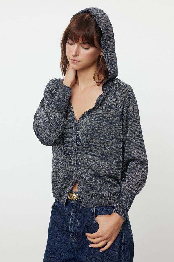 Trendyol Trendyol Indigo Premium Quality Wide Fit Silvery Hooded Knitwear Cardigan