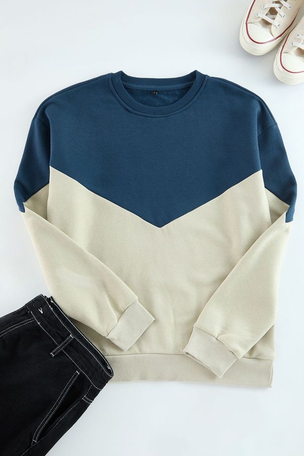 Trendyol Trendyol Indigo Regular Crew Neck Paneled Polar Fleece Inside Cotton Sweatshirt