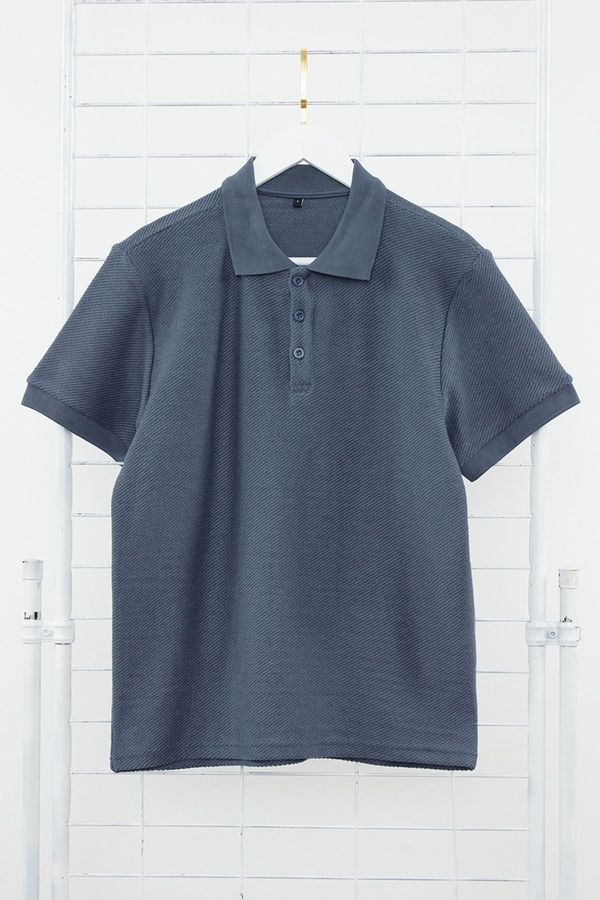 Trendyol Trendyol Indigo Regular Cut Short Sleeve Textured Buttoned Polo Neck T-shirt