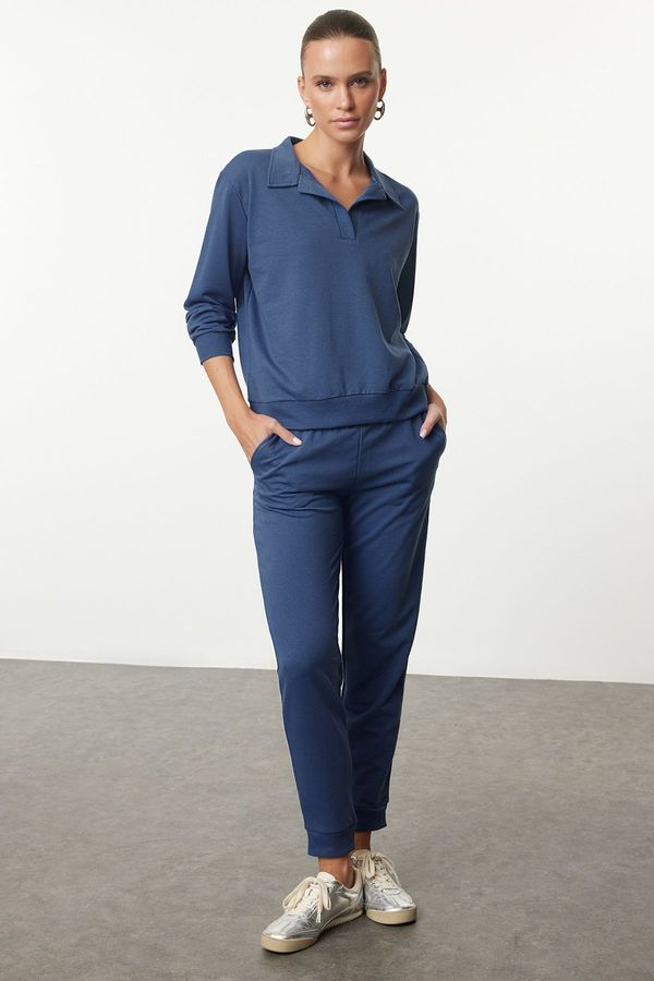 Trendyol Trendyol Indigo Regular/Normal Pattern Polo Neck Thin Knitted Tracksuit Set