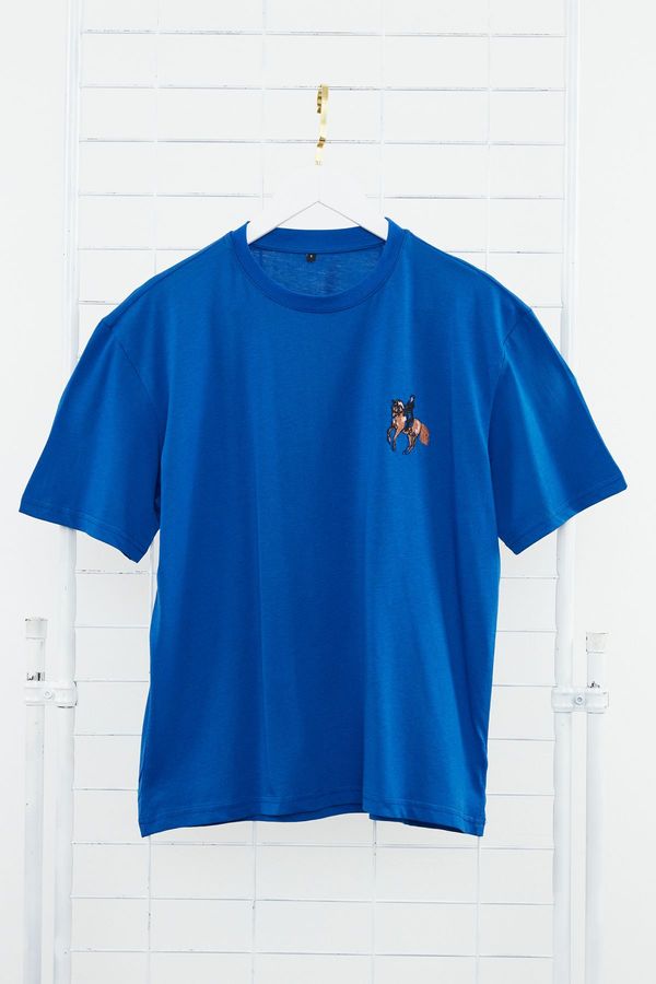 Trendyol Trendyol Indigo Relaxed/Relaxed Cut Horse/Animal Embroidered Short Sleeve 100% Cotton T-Shirt