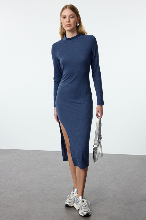 Trendyol Trendyol Indigo Ribbed Deep Slit Detailed Fitted Midi Stretchy Knitted Dress