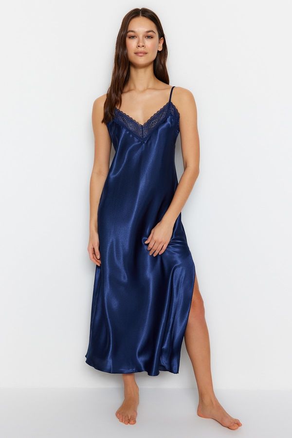 Trendyol Trendyol Indigo Satin Lace and Slit Detailed Woven Nightgown