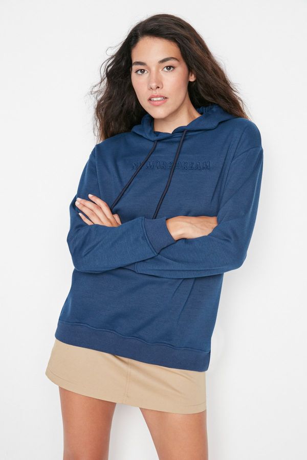 Trendyol Trendyol Indigo See-through Printed Boyfriend Thin Fleece Knitted Sweatshirt