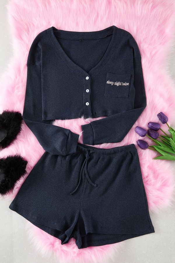 Trendyol Trendyol Indigo Slogan Embroidered Ribbed Knitted Pajama Set