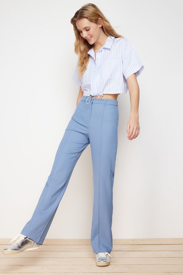 Trendyol Trendyol Indigo Straight/Straight Fit High Waist Ribbed Stitching Woven Trousers