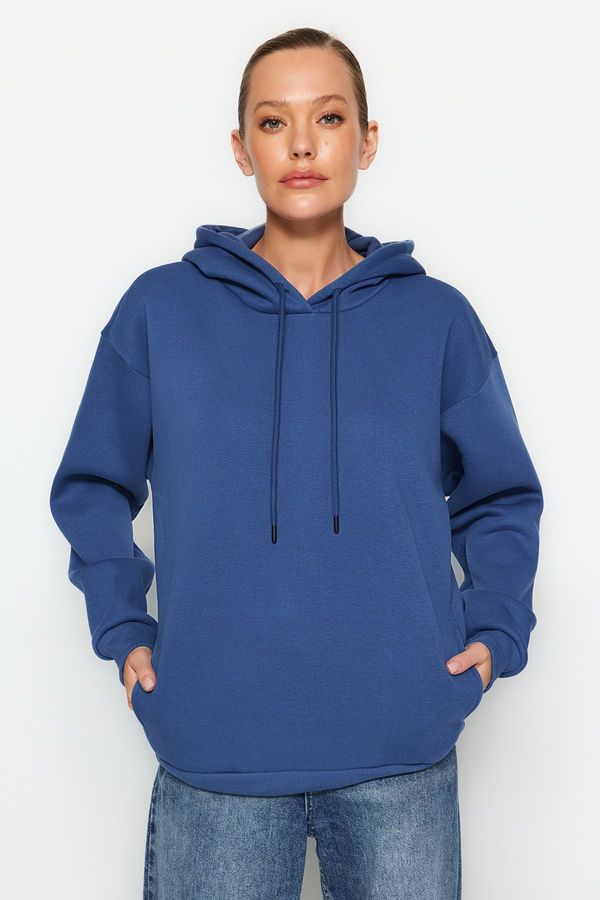 Trendyol Trendyol Indigo Thick Fleece Inside, Pocket Detailed Hooded Regular/Regular Knitted Sweatshirt