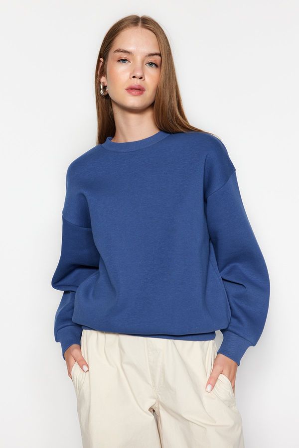 Trendyol Trendyol Indigo Thick Fleece Regular/Normal Fit Crew Neck Basic Knitted Sweatshirt