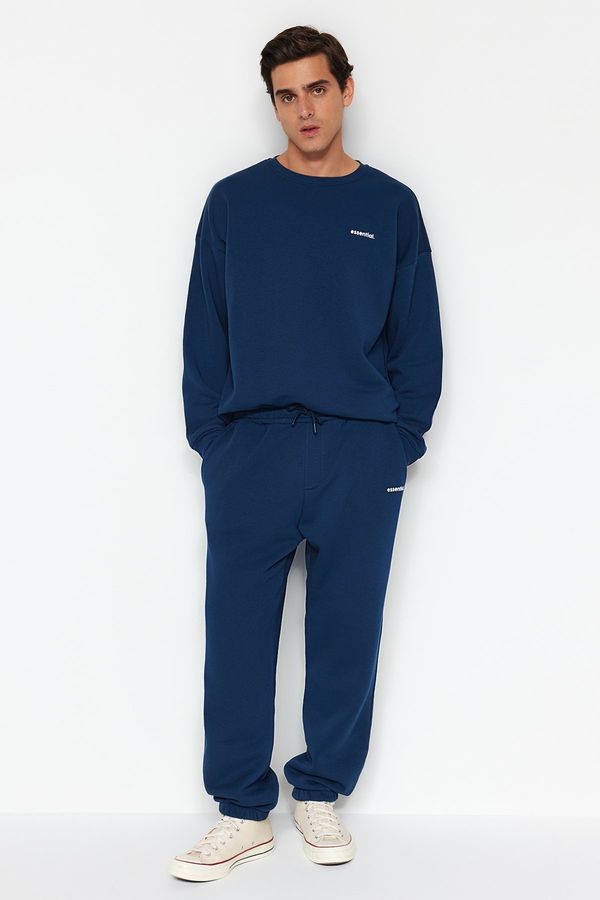 Trendyol Trendyol Indigo Tracksuit Set Oversize / Wide Cut Text Printed With Fleece Inside