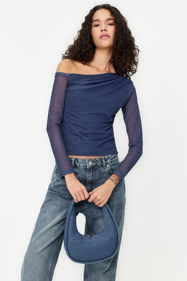 Trendyol Trendyol Indigo Tulle Lined Asymmetrical Collar Knitted Blouse