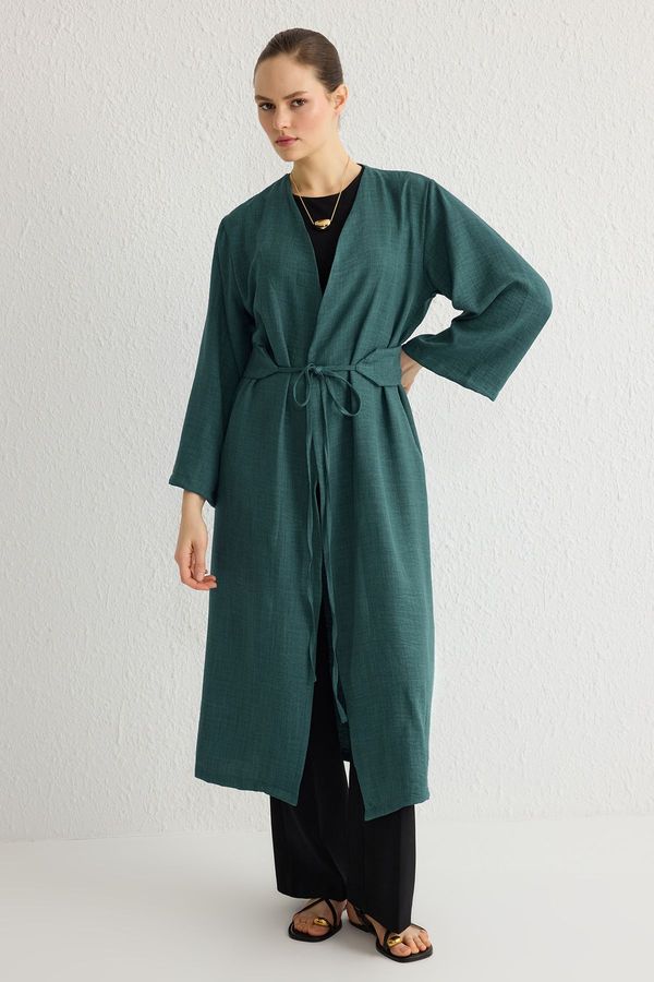 Trendyol Trendyol Indigo Waist Tie Detailed Linen Look Woven Kimono & Kaftan