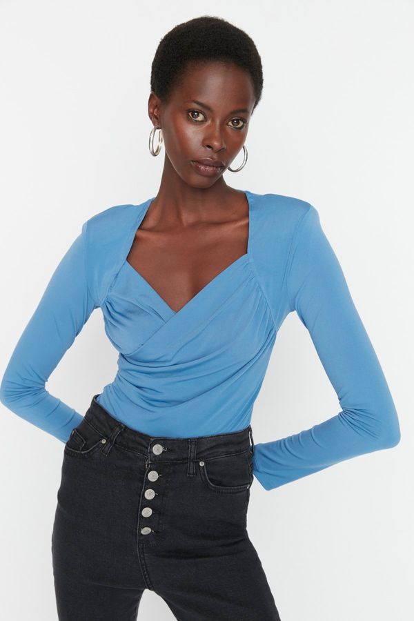 Trendyol Trendyol Indigo Waistband Draped Detailed Fitted/Situated Elastic Snaps Knitted Bodysuit