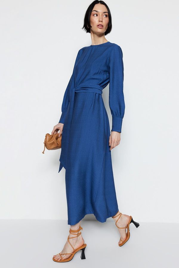 Trendyol Trendyol Indigo Wide Belted Zipper Cuffed Woven Linen Look Dress