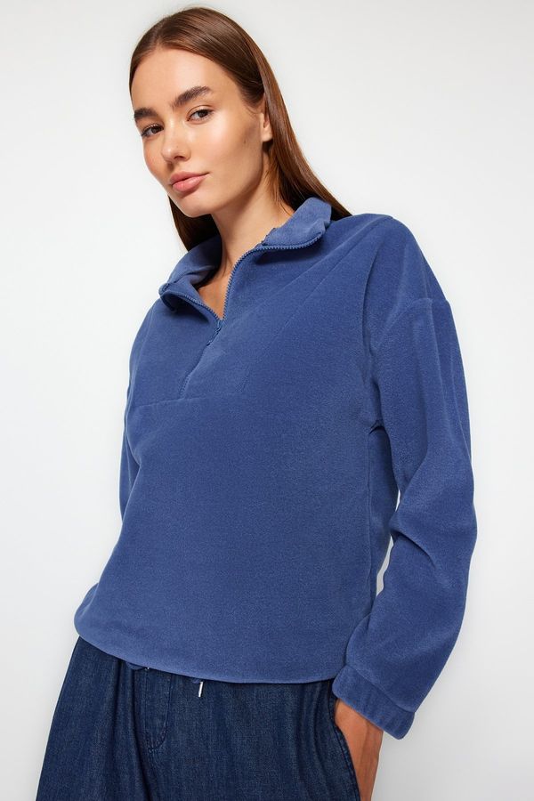 Trendyol Trendyol Indigo Zipper Detailed Knitted Sweatshirt