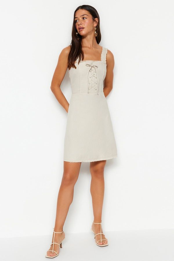 Trendyol Trendyol Jewelled A-line Eyelet Detailed Square Collar Mini Woven Dress