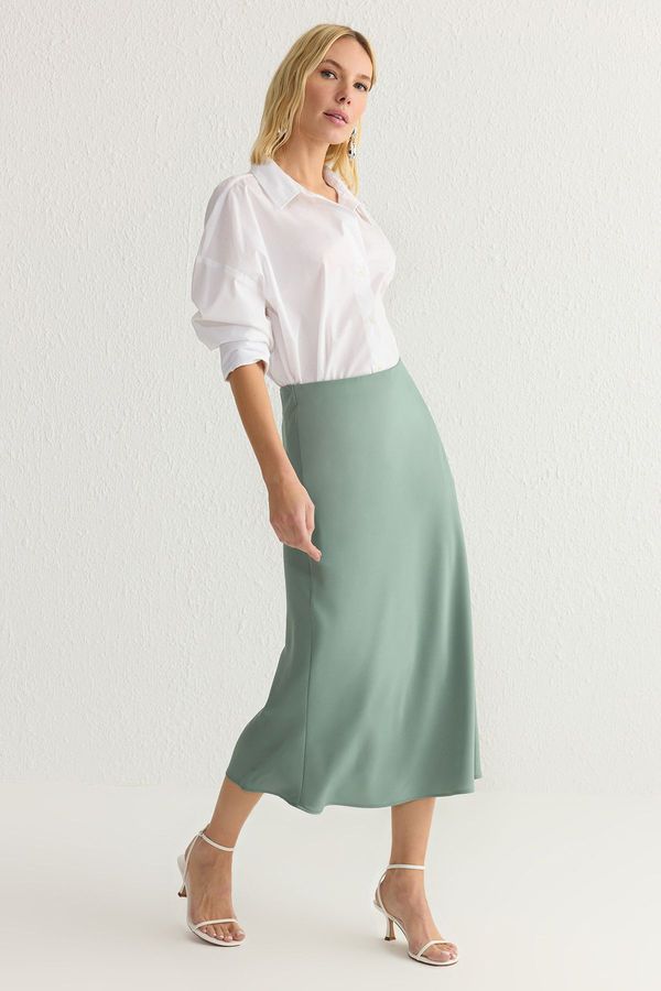 Trendyol Trendyol Khaki A-line Satin Fabric Midi Length Woven Skirt