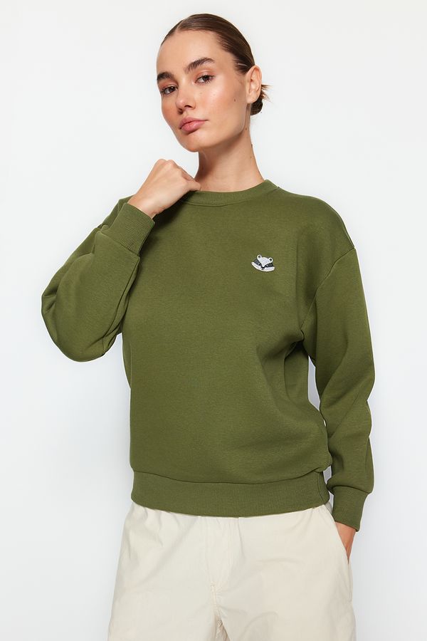 Trendyol Trendyol Khaki Animal Embroidered Regular/Normal Fit Thick Inside Fleece Knitted Sweatshirt