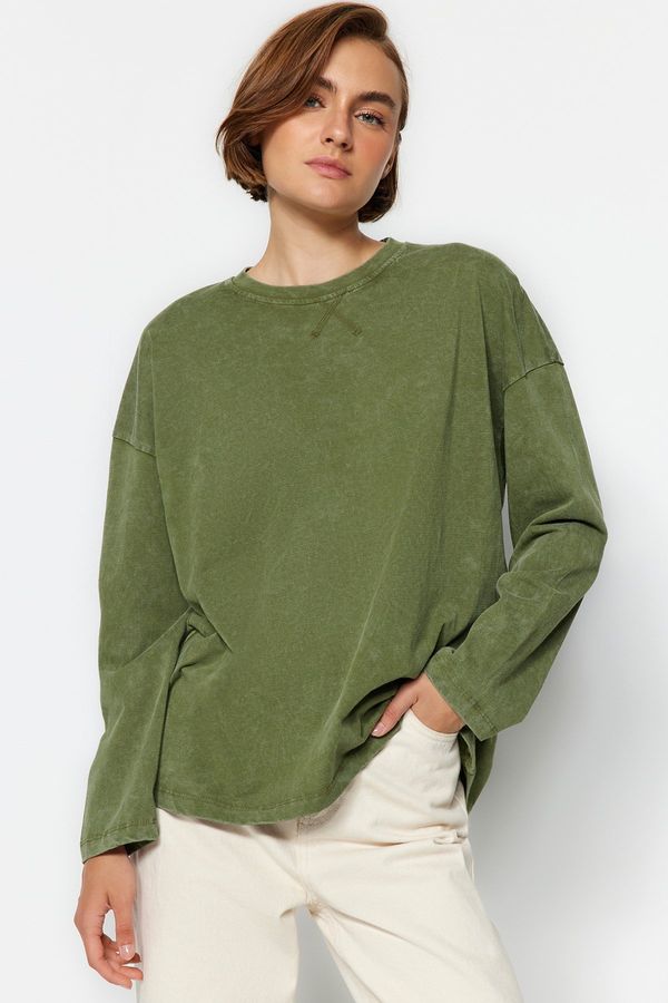 Trendyol Trendyol Khaki Antique/Faded Effect Relaxed/Comfortable Fit Crew Neck Long Sleeve Pletena majica