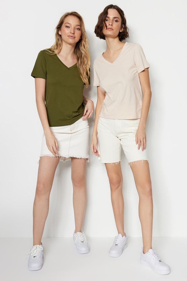 Trendyol Trendyol Khaki-Beige 100% Cotton 2-Pack Basic V-Neck Knitted T-Shirt