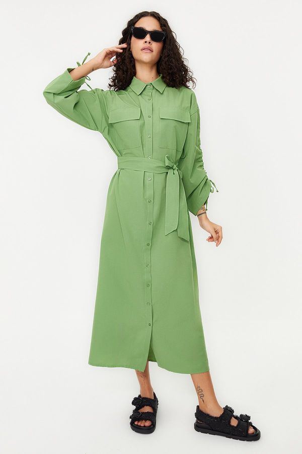 Trendyol Trendyol Khaki Belted Adjustable Detailed Detailed Cotton Woven Shirt Dress