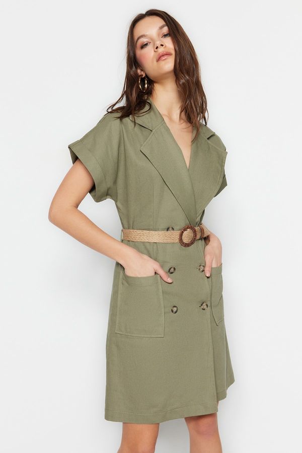 Trendyol Trendyol Khaki Belted Double Breasted Collar Mini Pocket Woven Jacket Dress