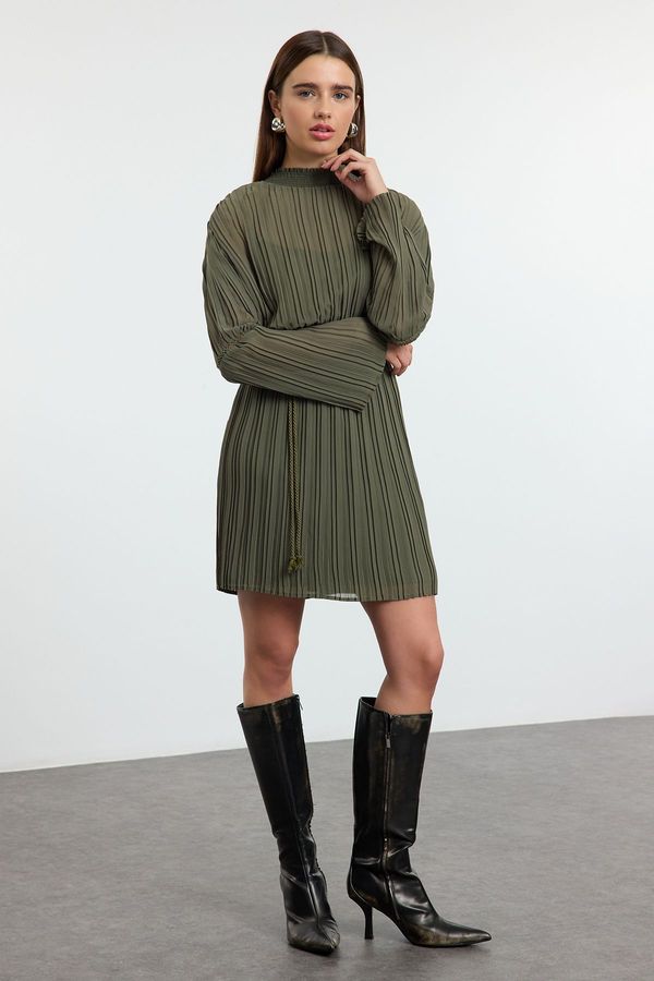 Trendyol Trendyol Khaki Belted Pleated Mini Woven Dress with Opening Waist Skirt