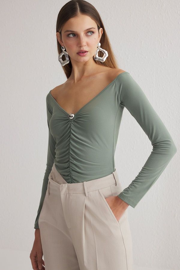 Trendyol Trendyol Khaki Carmen Collar Knitted Accessory Blouse