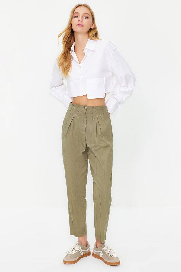 Trendyol Trendyol Khaki Cotton Carrot Pattern Stripe Detailed Woven Trousers