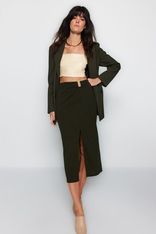 Trendyol Trendyol Khaki Crepe Buckled Maxi High Waist Elastic Knitted Skirt With Slit Detail