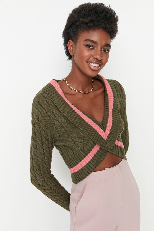 Trendyol Trendyol Khaki Crop Detailed Knitwear Sweater