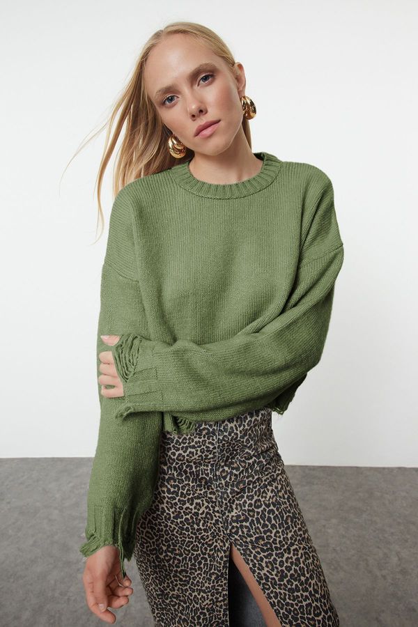 Trendyol Trendyol Khaki Crop Super Wide Pattern Soft Texture Knit Sweater