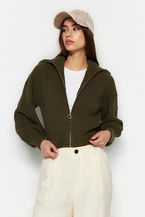 Trendyol Trendyol Khaki Crop Zippered Knitwear Cardigan