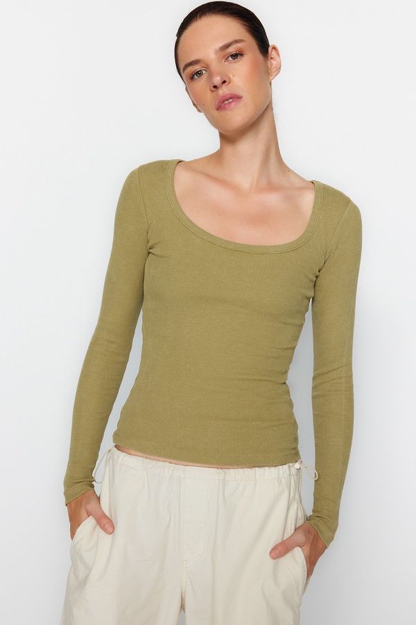 Trendyol Trendyol Khaki Faded/Faded Effect Ribbed Pool Neck Fitted Cotton Stretch Knitted Blouse