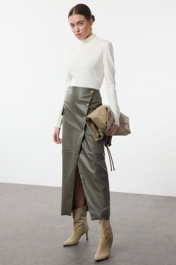 Trendyol Trendyol Khaki Faux Leather Midi Skirt