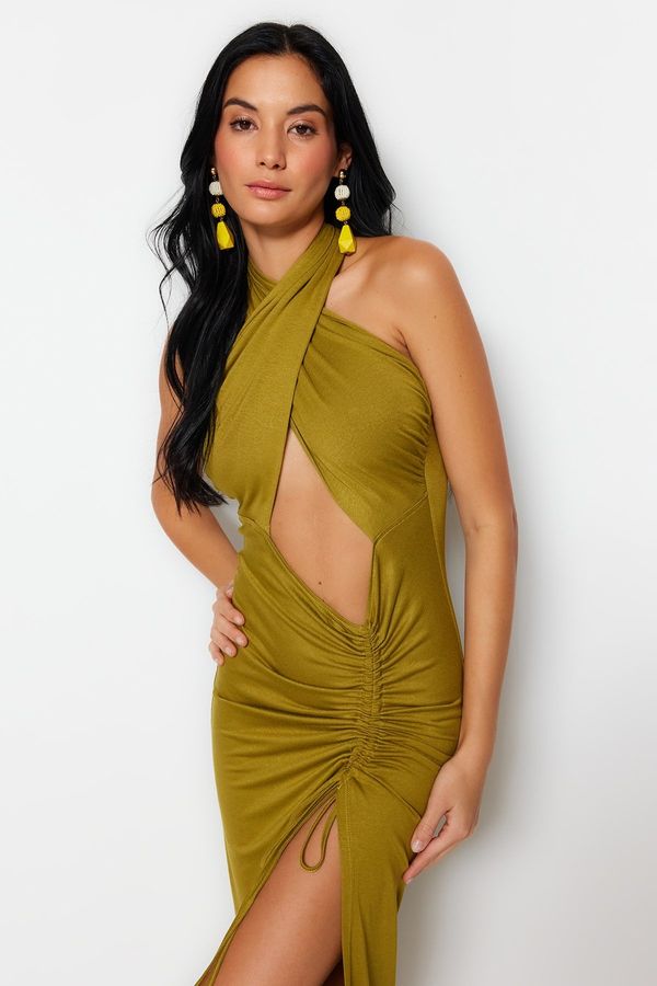 Trendyol Trendyol Khaki Fitted Maxi Knitted Cut Out/Window Beach Dress