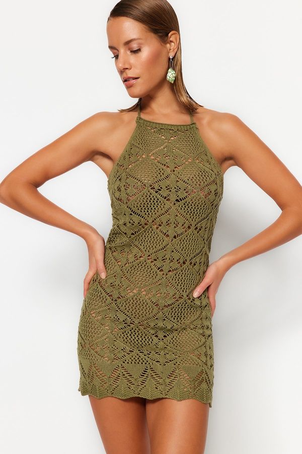 Trendyol Trendyol Khaki Fitted Mini Knitted Backless Knitwear Look Beach Dress