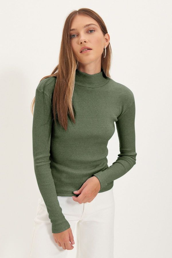 Trendyol Trendyol Khaki Fitted/Body-Sit Stand Collar Long Sleeve Elastic Ribbed Knitted Blouse