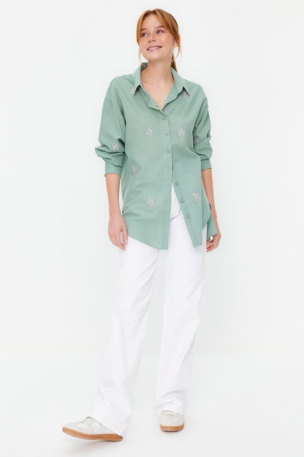 Trendyol Trendyol Khaki Floral Embroidered Woven Shirt