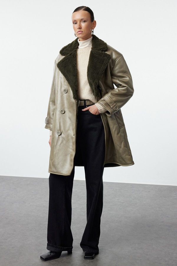 Trendyol Trendyol Khaki Fur Collar Oversize Long Coat