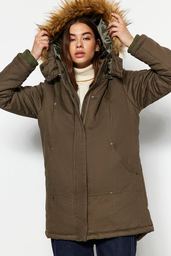 Trendyol Trendyol Khaki Fur Parka Coat with a Hooded Water Repellent