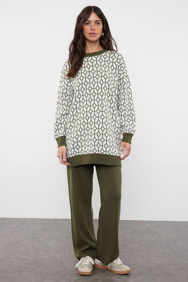 Trendyol Trendyol Khaki Geometric Patterned Sweater-Pants Knitwear Set