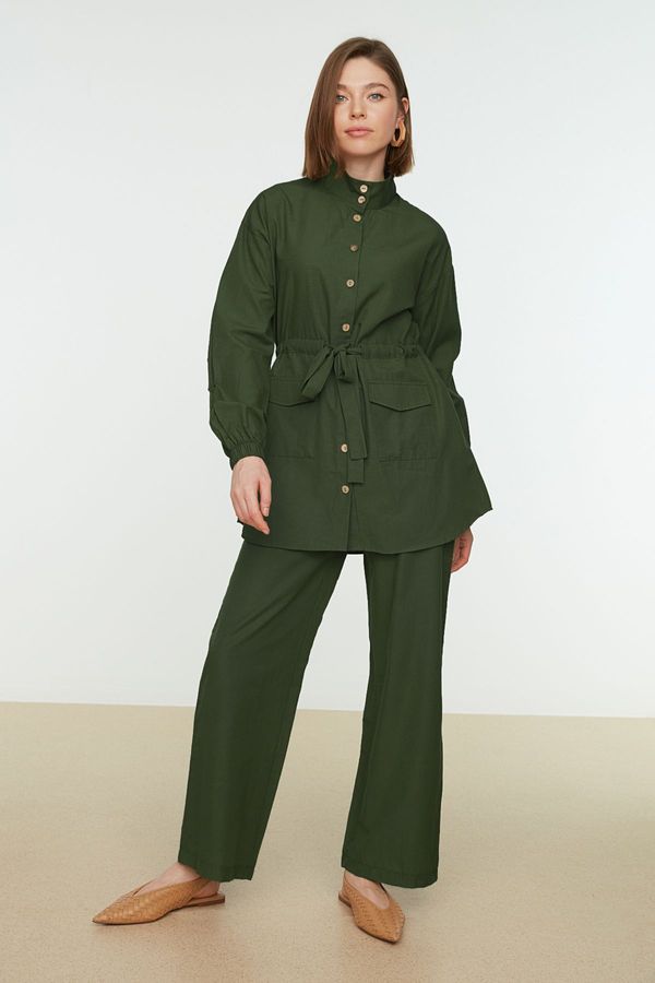 Trendyol Trendyol Khaki High Neck Belted Shirt-Pants Woven Suit