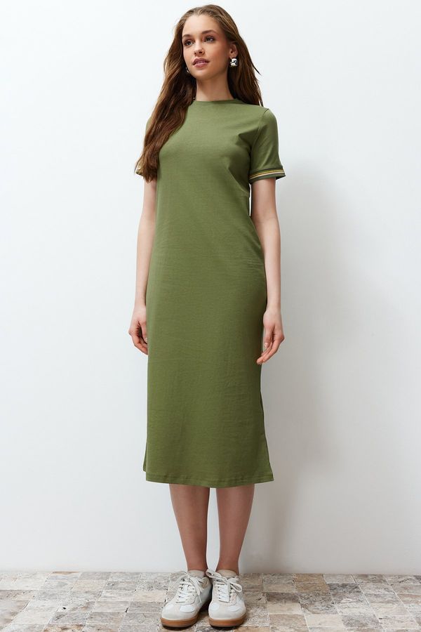 Trendyol Trendyol Khaki Knitwear Band Detailed Crew Neck Short Sleeve Flexible Knitted Dress