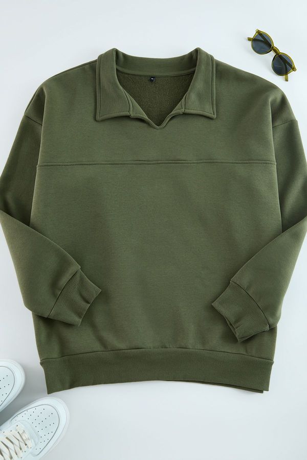 Trendyol Trendyol Khaki Large Size Oversize/Wide Cut Sweatshirt with Stitching Detail