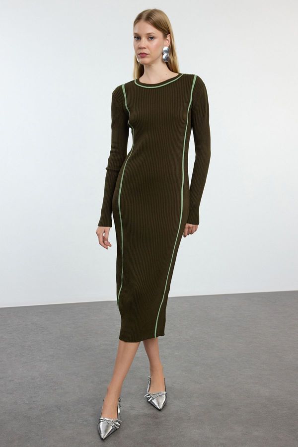 Trendyol Trendyol Khaki Midi Knitwear Color Block Dress